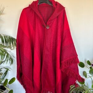 Red Hooded Poncho with Fringe